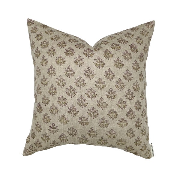 Olivia | Natural Floral Handblock Pillow Cover | Rose Linen Designer Fabric | Neutral Home Decor | 18x18| 20x20 | 22x22 | 24x24 | Lumbar