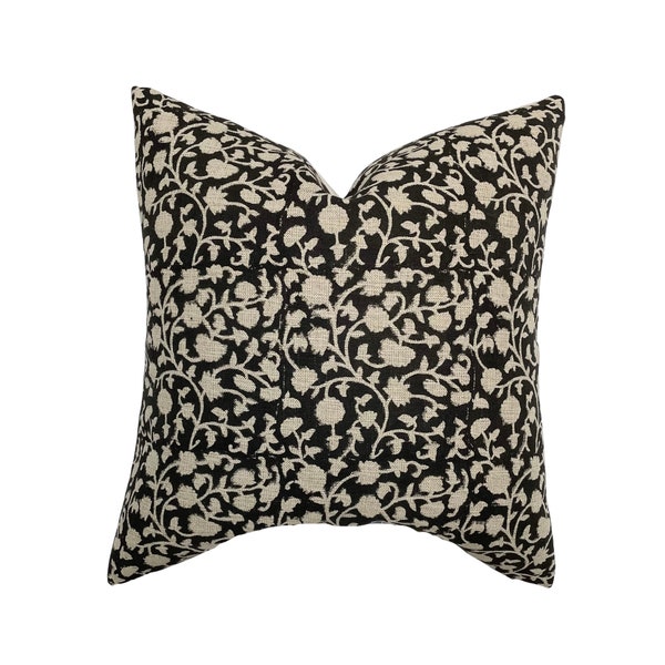 Kody | Black Floral Handblock Pillow Cover | Warm Tone Designer Fabric | Neutral Home Decor | 18x18 | 20x20 | 22x22 | 24x24 | Lumbar