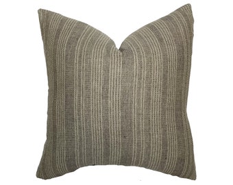 Olive Green Woven Stripe Pillow Cover, Earthy Throw Pillow for Couch, Organic Modern Linen Decor