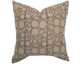 Warm Brown Floral Linen Pillow Cover, Handblock Print Throw Pillow, Earthy Neutral Organic Modern Decor