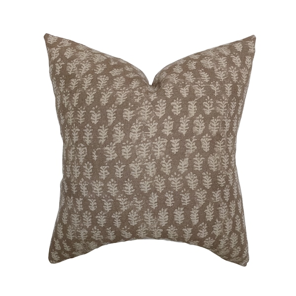 Andie | Warm Brown Floral Handblock Pillow Cover | Dark Rust Designer Fabric | Neutral Home Decor | 18x18 | 20x20 | 22x22 | 24x24 | Lumbar