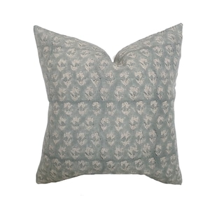 Mara | Dusty Blue Floral Handblock Pillow Cover | Muted Blue Designer Fabric | Neutral Home Decor | 18x18 | 20x20 | 22x22 | 24x24 | Lumbar