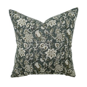 Willow | Deep Blue & Sage Floral Pillow Cover | Navy Designer Fabric | Neutral Home Decor | 18x18 | 20x20 | 22x22 | 24x24 | Lumbar