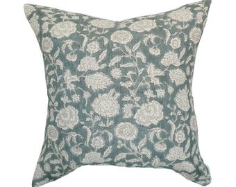 Dusty Blue Floral Linen Pillow Cover, Block Print Throw Pillow, Cottagecore Decor