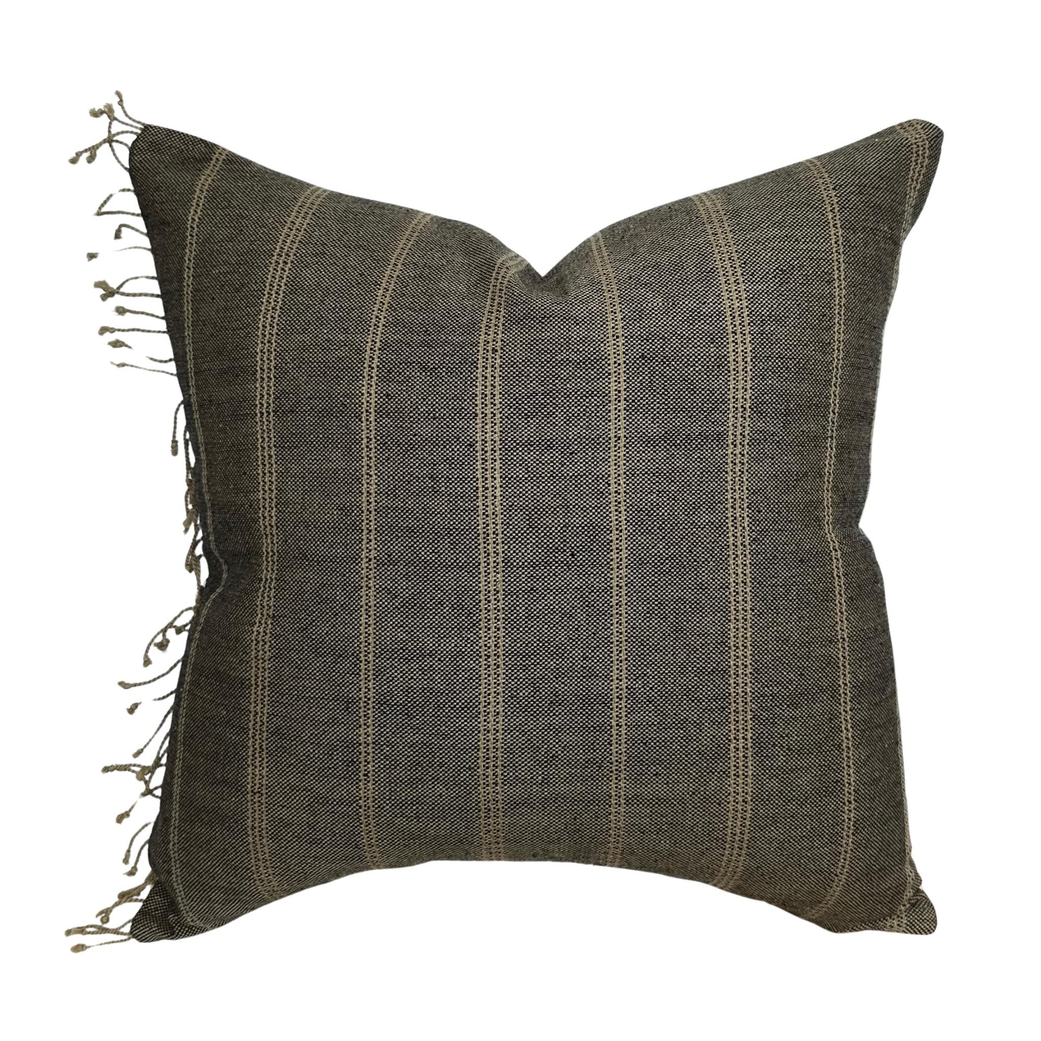 Benson | Woven Charcoal Tan Stripe Pillow Cover | Wool Tassel Designer Fabric | Neutral Home Decor | 18x18 | 20x20 | 22x22 | 24x24 | Lumbar