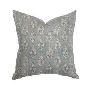 Silas | Muted Blue Floral Handblock Pillow Cover | Dusty Blue Tan Floral Designer Fabric