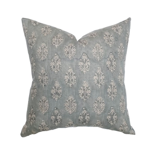 Silas | Muted Blue Floral Handblock Pillow Cover | Dusty Blue Designer Fabric | Neutral Home Decor | 18x18 | 20x20 | 22x22 | 24x24 | Lumbar