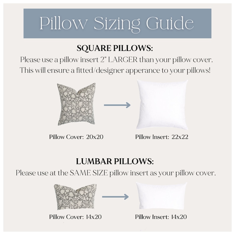 May include: A guide for pillow sizing with illustrations of square and lumbar pillows. The guide recommends using a pillow insert 2 inches larger than the pillow cover for square pillows and the same size insert as the cover for lumbar pillows. The guide includes measurements for both the pillow cover and insert.