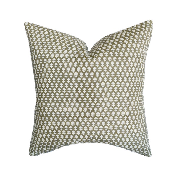 Owen | Olive Handblock Linen Pillow Cover | Ivory and Olive Green Woodblock Handwoven | Designer Fabric | 18x18 | 20x20 | 22x22 | Lumbar