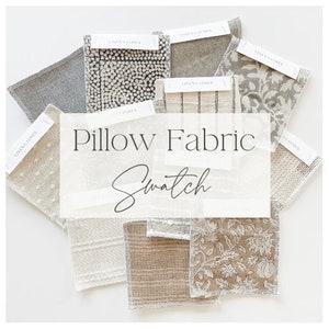 May include: A collection of fabric swatches in various colors and patterns, including a gray and white polka dot, a brown and white stripe, a gray and white floral, and a beige and white paisley. The swatches are labeled "Linen & James" and are arranged on a white surface. The text "Pillow Fabric Swatch" is written in white on a transparent background.