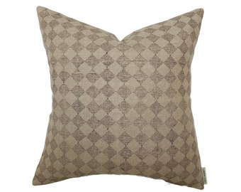 Dane | Brown Checkered Diamond Pillow Cover | European Style Designer Fabric | Neutral Home Decor | 18x18 | 20x20 | 22x22 | 24x24 | Lumbar