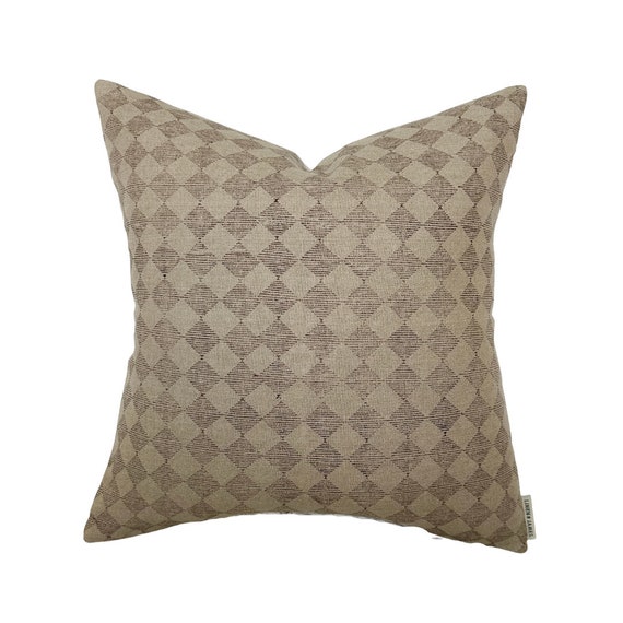 Brown Diamond Check Linen Pillow Cover, European Checkered Throw Pillow for Couch, Organic Modern Decor