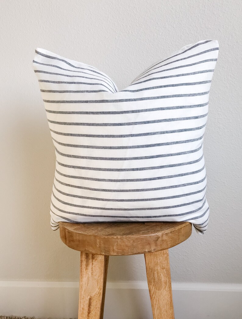 Linen Striped Pillow Cover Ivory and Navy Coastal Etsy