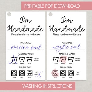Druckbare handgemachte Pflege Tags | Handgemachte Karte mit Waschanleitung | Handgemachte Verpackung | Waschanleitung | Digitaler Download