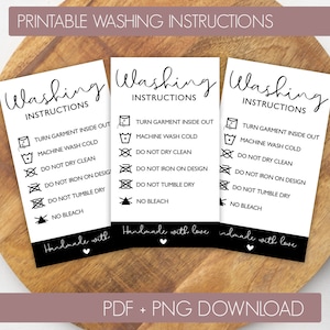 Afdrukbare wasinstructieskaart | PDF PNG Wasverzorgingskaart | Wastag voor kleine bedrijven | HTV T-shirtinstructies | Digitaal downloaden