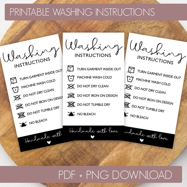 Printable Washing Instructions Card | PDF PNG Washing Care Card | Small Business Wash Tag | HTV Tshirt Instructions | Digital Download