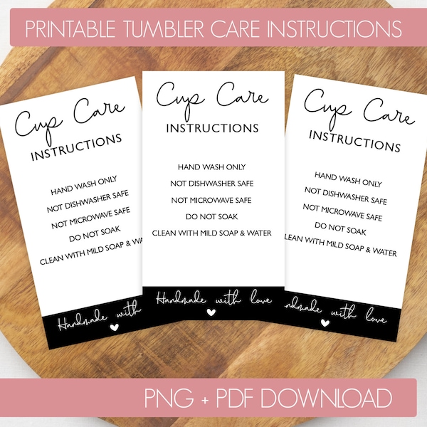 Printable Tumbler Care Instructions Card | PDF PNG Cup Care Card | Small Business Supplies | Washing Instructions | Digital Download File