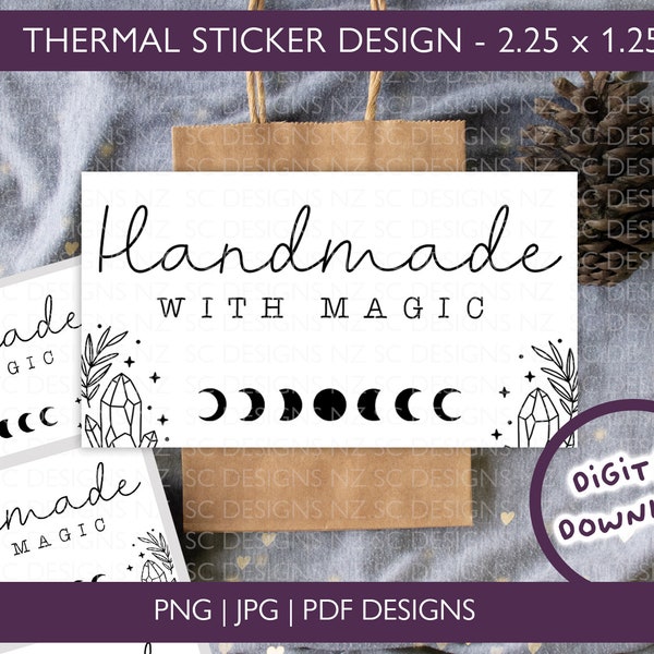 Handmade With Magic Thermal Printer PNG | Crystal Shop Sticker | Small Business Packaging | 2.25 x 1.25 | Wiccan Digital Download