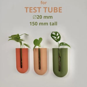 May include: Three U-shaped wall vases in orange, peach, and olive green, each holding a test tube with a plant. The text above reads "for TEST TUBE Ø20 mm 150 mm tall."