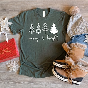 Merry & Bright Christmas Trees Shirt, Christmas Shirt, Women Christmas Shirt, Christmas Gift, Pine Tree Shirt, Christmas Party Shirt