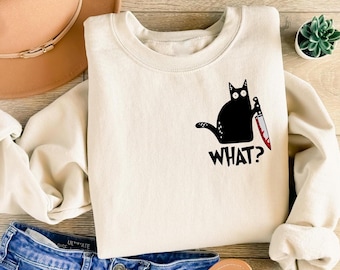 Cat With Knife Sweatshirt, Womens Cat Halloween Shirt, Cat Halloween Sweater, Black Ghost Cat Halloween Shirt, Cat Lover Halloween Gift