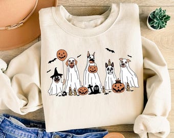 Sudadera de Halloween con perros fantasma, regalo de Halloween para amantes de los perros, camiseta divertida de Halloween con perros, camiseta de Halloween para mujer, temporada espeluznante, regalo para mamá perruna