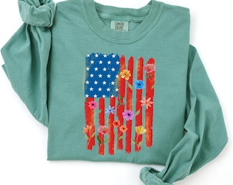 Womens Floral USA Flag Long Sleeve, 4th of July Shirt, Patriotic Day Gift
