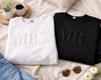 Personalize MR & MRS Sweatshirt, Embossed Puff Print Couple Matching Sweater, Last Name Newlywed Gift