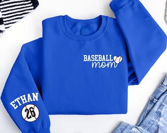 Baseball Mom Sweatshirt With Custom Name & Number Sleeve, Mothers Day Gift For Baseball Mama