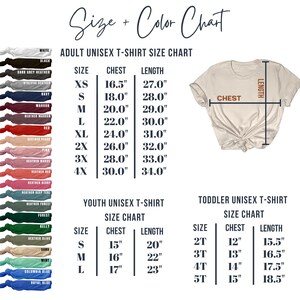 Puede incluir: Tabla de tallas para camisetas unisex para adultos, j&oacute;venes y ni&ntilde;os peque&ntilde;os. La tabla muestra las tallas XS a 4X para adultos, S a L para j&oacute;venes y 2T a 5T para ni&ntilde;os peque&ntilde;os. Las medidas son en pulgadas para el pecho y la longitud.