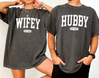 Custom Wifey & Husband Est Shirt, Engagement Gift For Bride, Matching Couple Shirt, Honeymoon Shirt, Wifey Shirt, Groom Shirt, Bride To Be