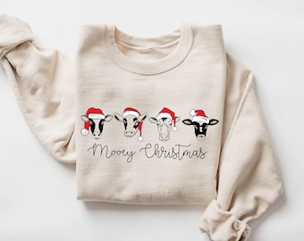 Sudadera navideña de vaca, camiseta navideña divertida, regalo para amantes de las vacas, suéter navideño, camiseta navideña de granja, camiseta de vaca para mujer, cuello redondo navideño