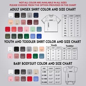 a color and size chart for various types of shirts, including adult and youth shirts, as well as a baby bodysuit chart. The chart provides color options and corresponding sizes for each type of shirt, as well as measurements for the chest and length.