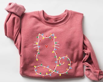 Cute Cat Christmas Sweatshirt : Cat Lover Gift, Womens Holiday Sweater, Xmas Graphic Tee