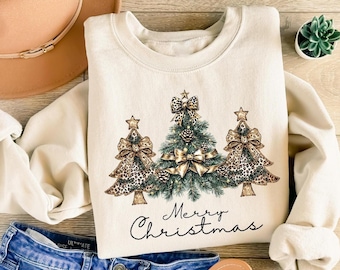 Merry & Bright Christmas Trees Bow Sweatshirt : Womens Holiday Sweater, Winter Outfit, Family Xmas Party