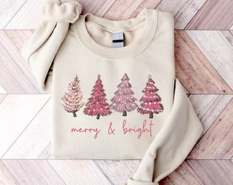 Merry & Bright Pink Christmas Trees Sweatshirt, Cute Christmas Sweatshirt, Women's Holiday Sweater, Winter Sweatshirt, Christmas Shirt