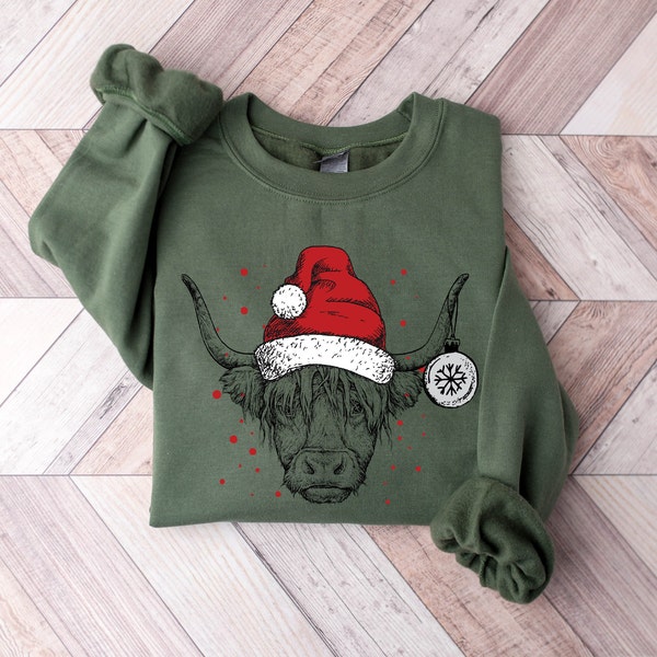 Cute Cow Christmas Sweatshirt, Christmas Highland Cow Sweatshirt, Farm Christmas Sweatshirt, Holiday Sweater, Womens Holiday Sweatshirt