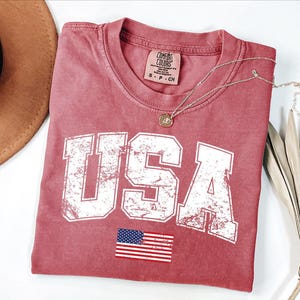 Retro USA Flag Shirt, Womens USA Shirt, Patriotic Shirt, American Flag Shirt, America Shirt, Red Blue White, USA Flag Lover Shirt image 1