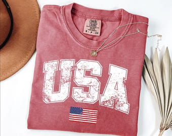 Retro USA Flag Shirt, Womens USA Shirt, Patriotic Shirt, American Flag Shirt, America Shirt, Red Blue White, USA Flag Lover Shirt