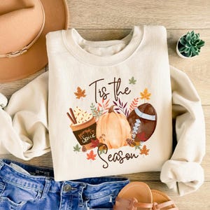 Tis the Season Fall Sweatshirt, Pumpkin Spice Coffee Football Sweater, Autumn Cozy Shirt, Thanksgiving Shirt, Fall Vibes, Womens Fall Outfit