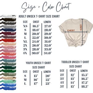 Pu&ograve; includere: Tabella delle taglie per t-shirt unisex per adulti, ragazzi e bambini piccoli. La tabella mostra le taglie XS a 4X per adulti, S a L per ragazzi e 2T a 5T per bambini piccoli. Le misure sono in pollici per il petto e la lunghezza.