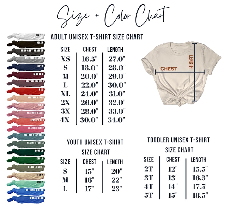 Pu&ograve; includere: Tabella delle taglie per t-shirt unisex per adulti, ragazzi e bambini piccoli. La tabella mostra le taglie XS a 4X per adulti, S a L per ragazzi e 2T a 5T per bambini piccoli. Le misure sono in pollici per il petto e la lunghezza.