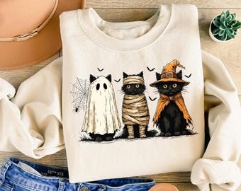 Cute Ghost Black Cat Halloween Sweatshirt, Spooky Cat Halloween Shirt, Womens Ghost Shirt, Spooky Season, Witchy Cat Lover Halloween Gift