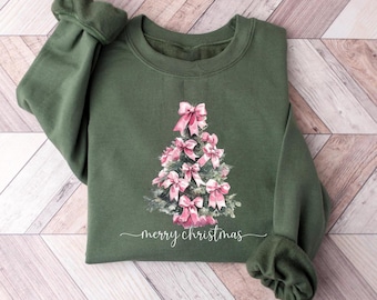 Sudadera rosa con lazo y árbol de Navidad, suéter alegre y brillante, camiseta festiva navideña