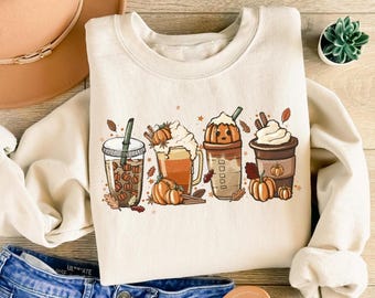 Cute Fall Coffee Sweatshirt, Pumpkin Spice Coffee Shirt, Coffee Lover Shirt, Halloween Pumpkin Latte Drink Cup, Thanksgiving Shirt