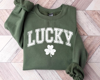 Retro Lucky Sweatshirt, Cute St Patricks Day Sweatshirt, Womens Shamrock Sweatshirt, Irish Shirt, Four Leaf Clover, St Patricks Day Outfit