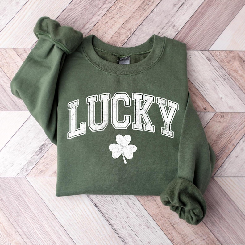 Retro Lucky Sweatshirt, Cute St Patricks Day Sweatshirt, Womens Shamrock Sweatshirt, Irish Shirt, Four Leaf Clover, St Patricks Day Outfit image 1