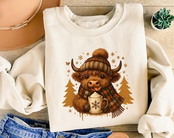 Christmas Cow Sweatshirt, Highland Cow Sweater, Womens Cow Christmas Shirt, Cow Lover Gift, Farm Christmas Gift