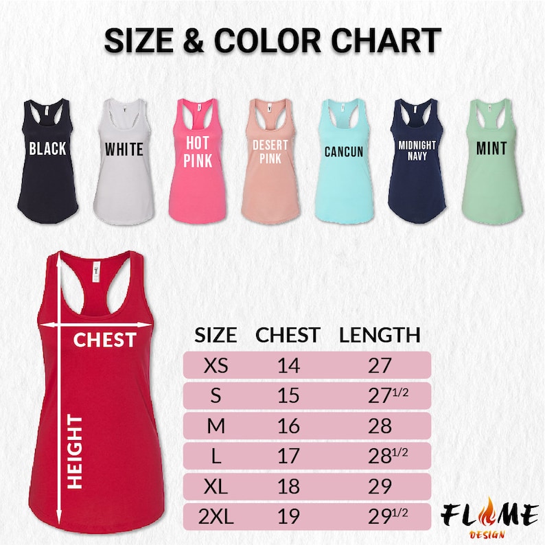 Pu&ograve; includere: Tabella delle taglie per canottiere in vari colori, tra cui nero, bianco, rosa acceso, rosa deserto, blu Cancun, blu notte e menta. La tabella mostra le misure del torace e della lunghezza in pollici per le taglie XS a 2XL.