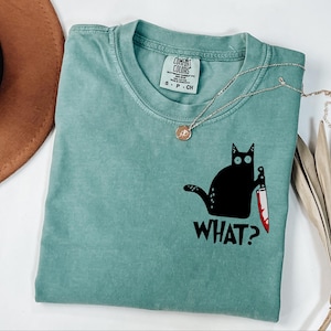 Cat With Knife Shirt, Womens Cat Halloween Shirt, Cute Cat Halloween Shirt, Black Ghost Cat Halloween Shirt, Cat Lover Halloween Gift
